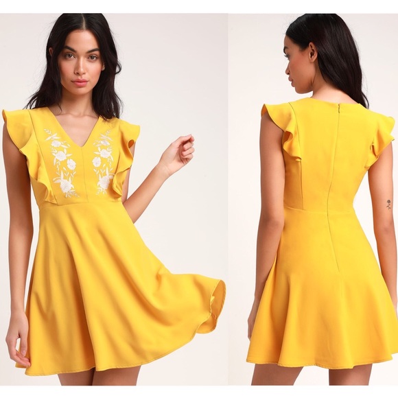 Lulu’s Yellow Embroidered Dress Skater Mini Dress - Picture 4 of 7